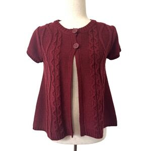 Cable Knit Short Sleeve Babydoll Cardigan Sweater Burgundy M Cozy Cottagecore